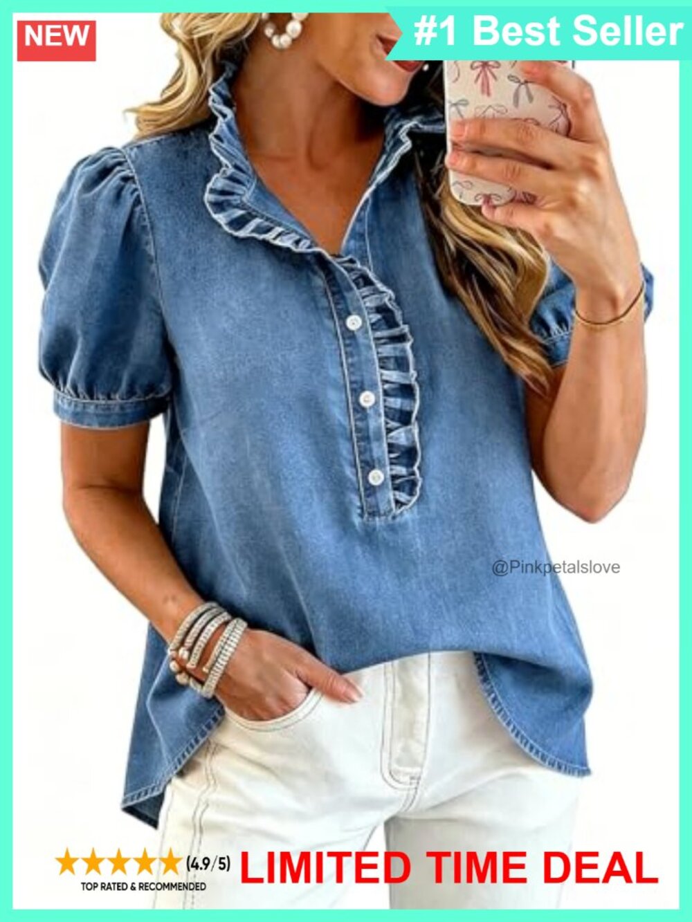 Womens Ruffle Denim Shirt Button Down Puff Sleeve Jean Top Y2K Blouse